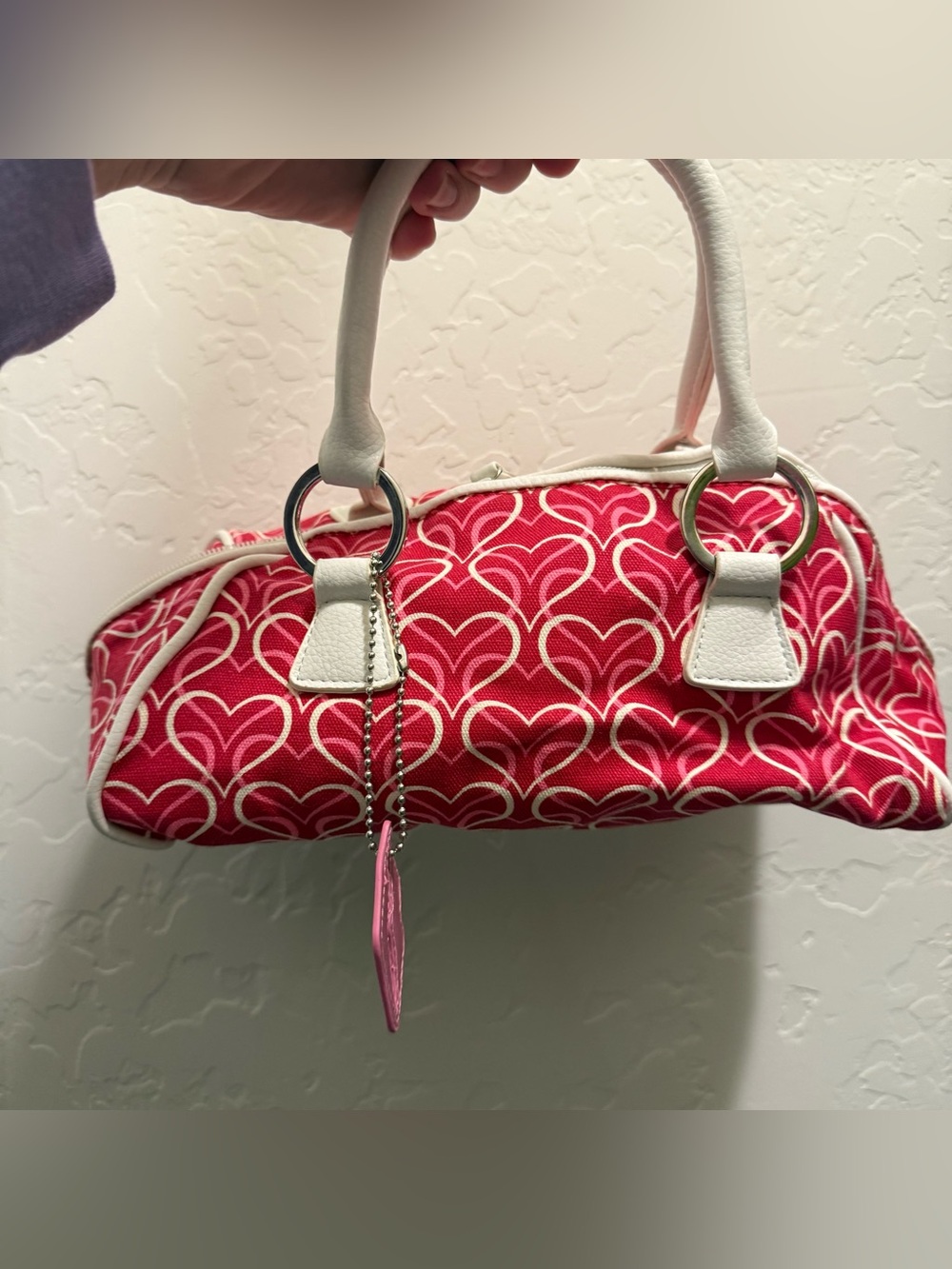 Heart-Print Pink Satchel with White Trim